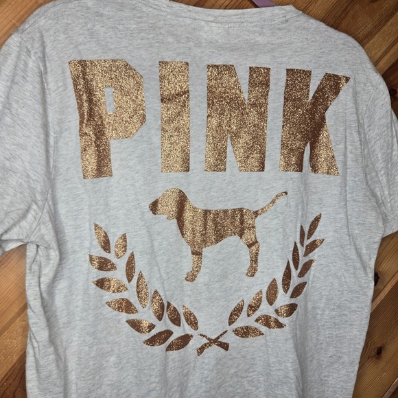 Victoria's Secret PINK Everyday Tee Shirt ~ Size: Medium Rose Gold Glitter Logo - Picture 3 of 8